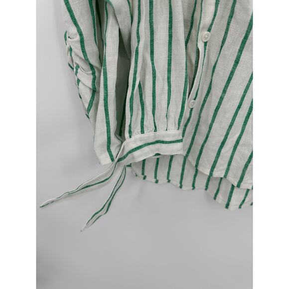 Scoop Button Down Shirt Women Medium Green Striped Linen Rayon Collar Tunic - Picture 4 of 9
